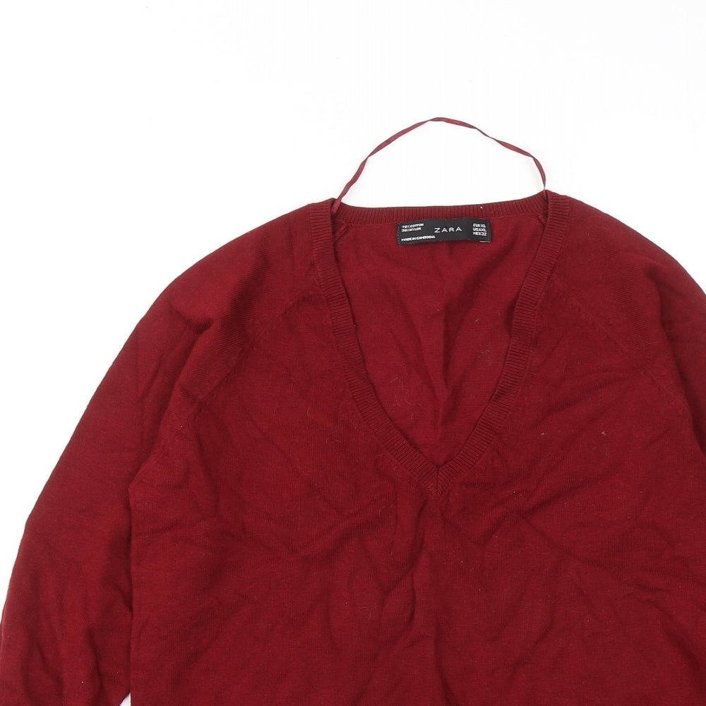 Zara Womens Red V-Neck Cotton Pullover Jumper Size XL