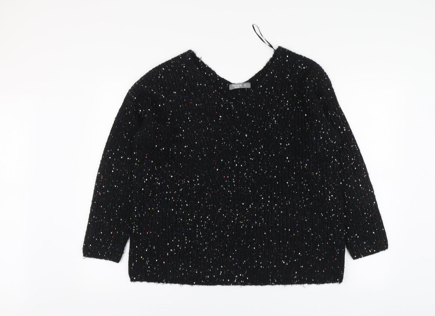 Nutmeg Womens Black V-Neck Acrylic Pullover Jumper Size 12
