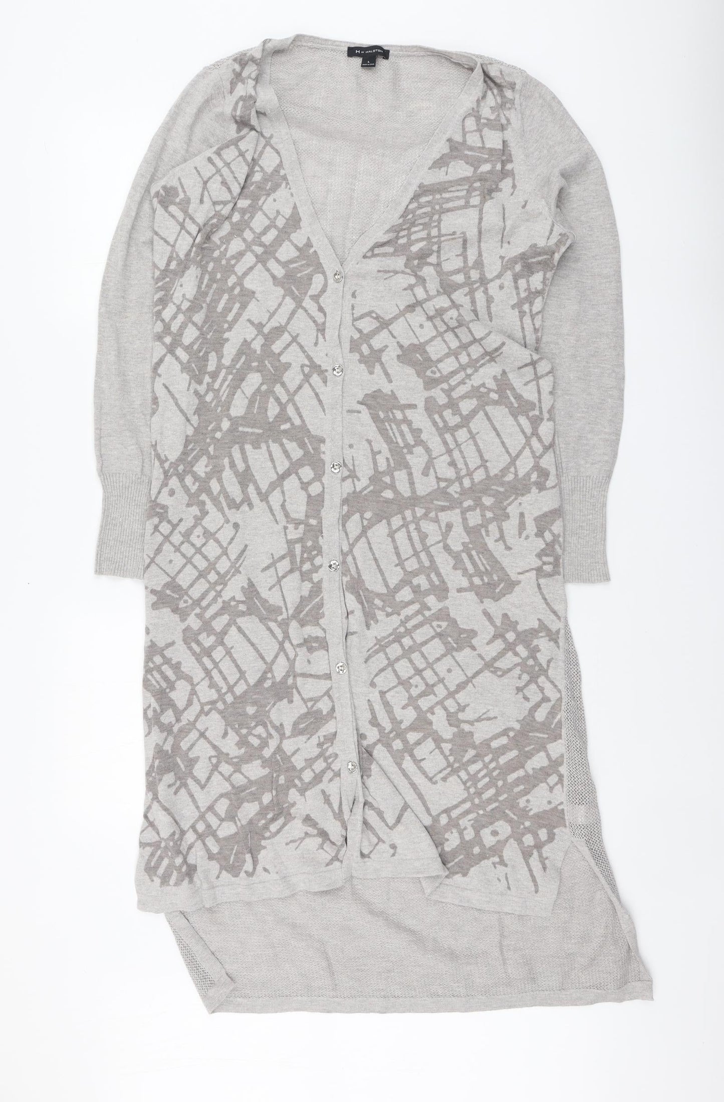 H by Halston Womens Grey V-Neck Geometric Cotton Cardigan Jumper Size L