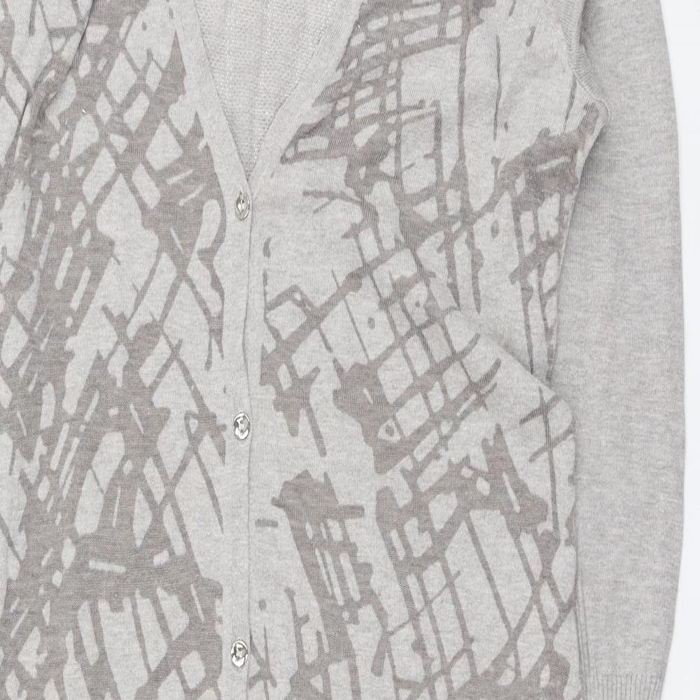 H by Halston Womens Grey V-Neck Geometric Cotton Cardigan Jumper Size L