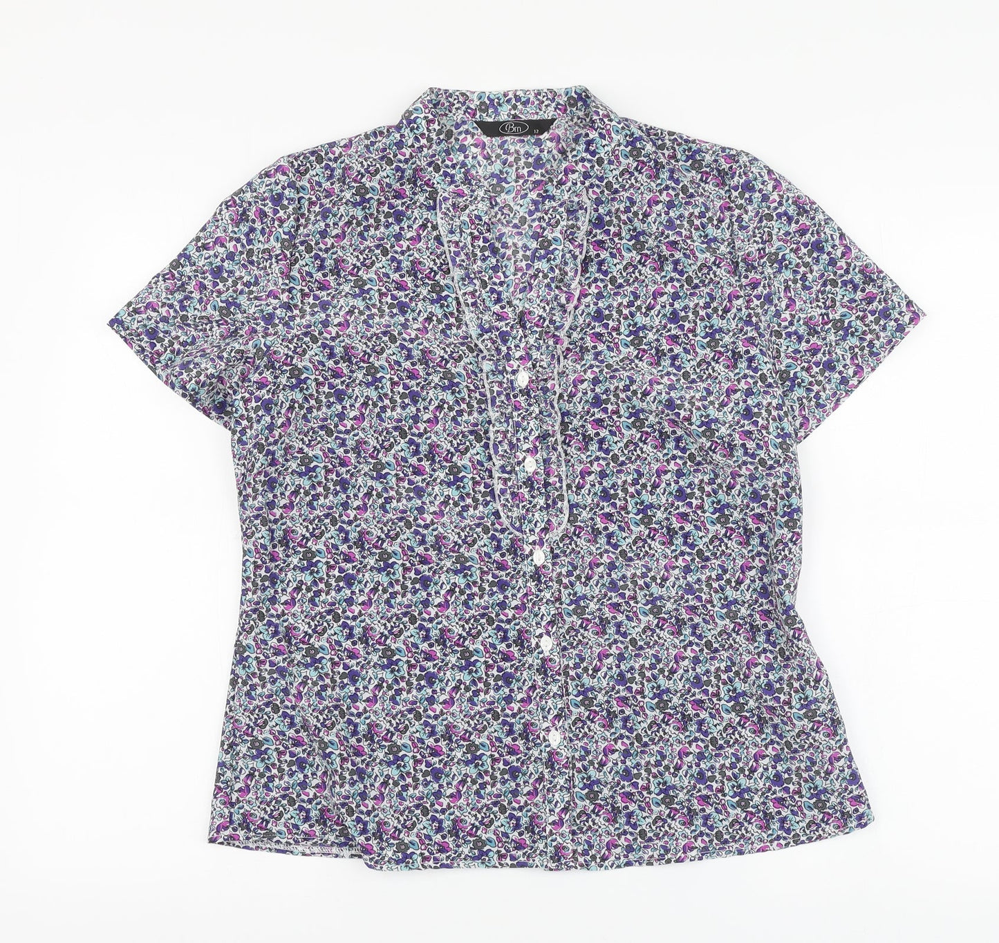 BM Womens Purple Floral Polyester Basic Button-Up Size 12 V-Neck
