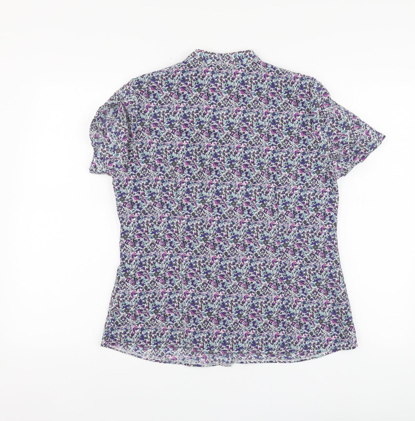 BM Womens Purple Floral Polyester Basic Button-Up Size 12 V-Neck