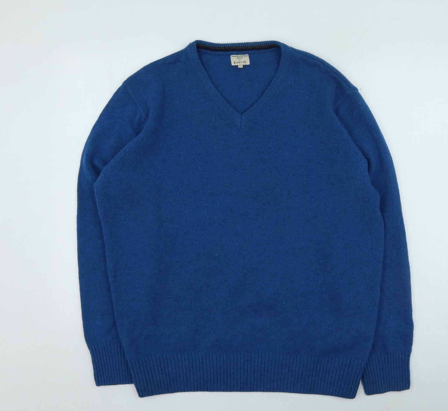 Easy Womens Blue V-Neck Acrylic Pullover Jumper Size L