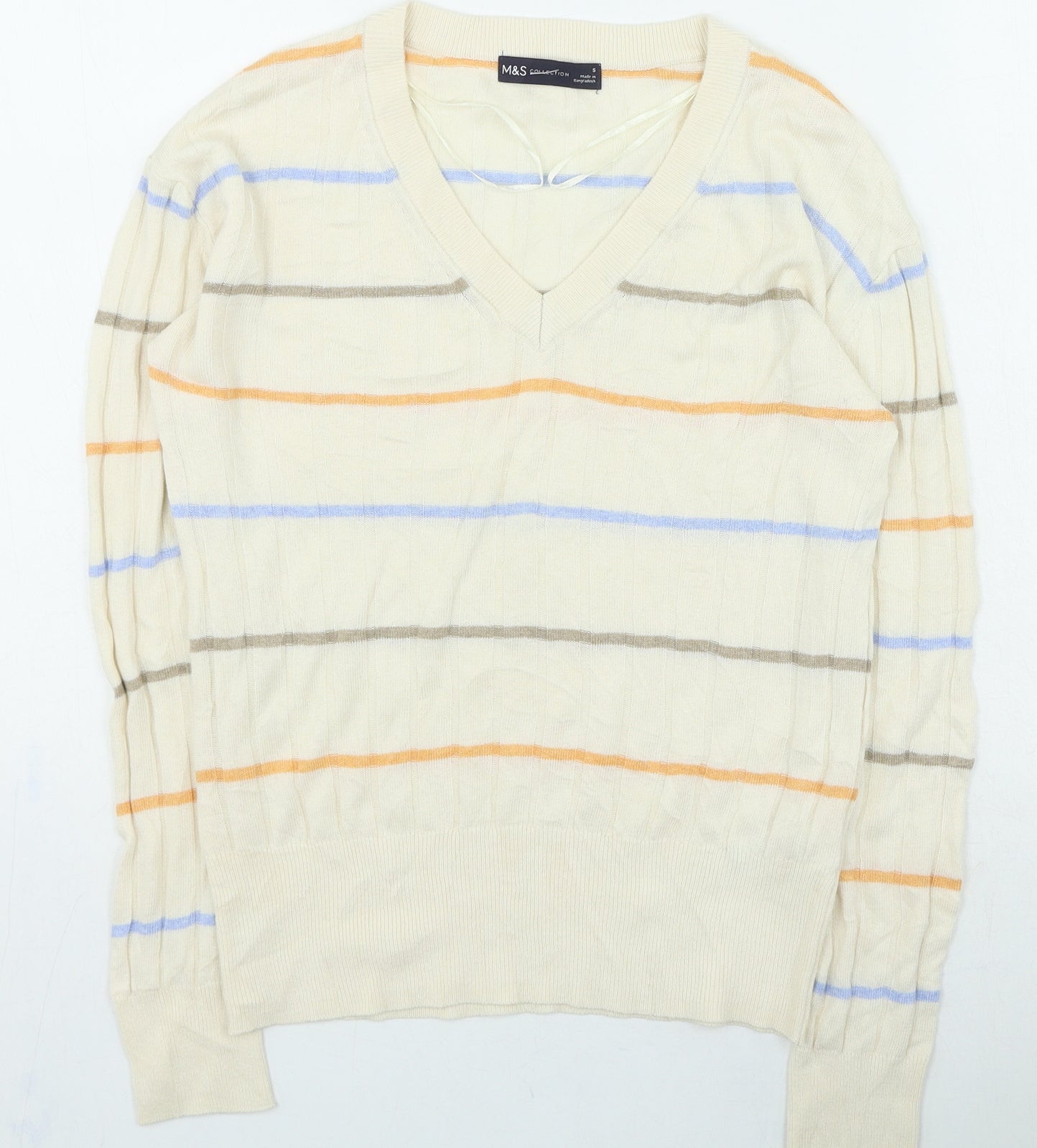 Marks and Spencer Womens Beige V-Neck Striped Viscose Pullover Jumper Size S