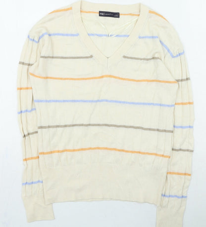 Marks & Spencer Womens Beige V-Neck Striped Viscose Pullover Jumper Size S