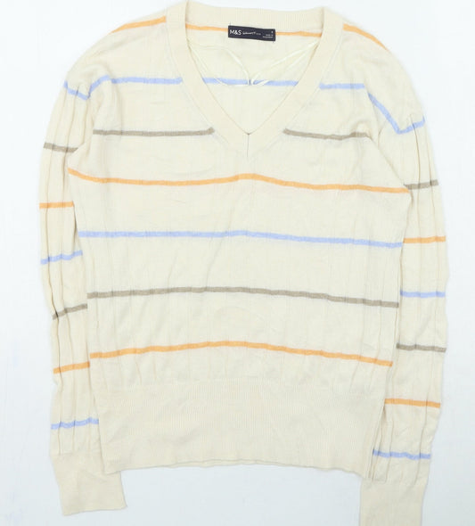 Marks and Spencer Womens Beige V-Neck Striped Viscose Pullover Jumper Size S