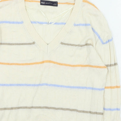 Marks & Spencer Womens Beige V-Neck Striped Viscose Pullover Jumper Size S