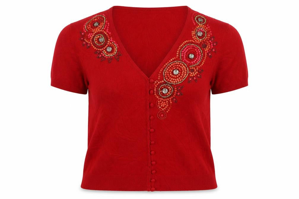 Linea Womens Red V-Neck Geometric Viscose Cardigan Jumper Size M