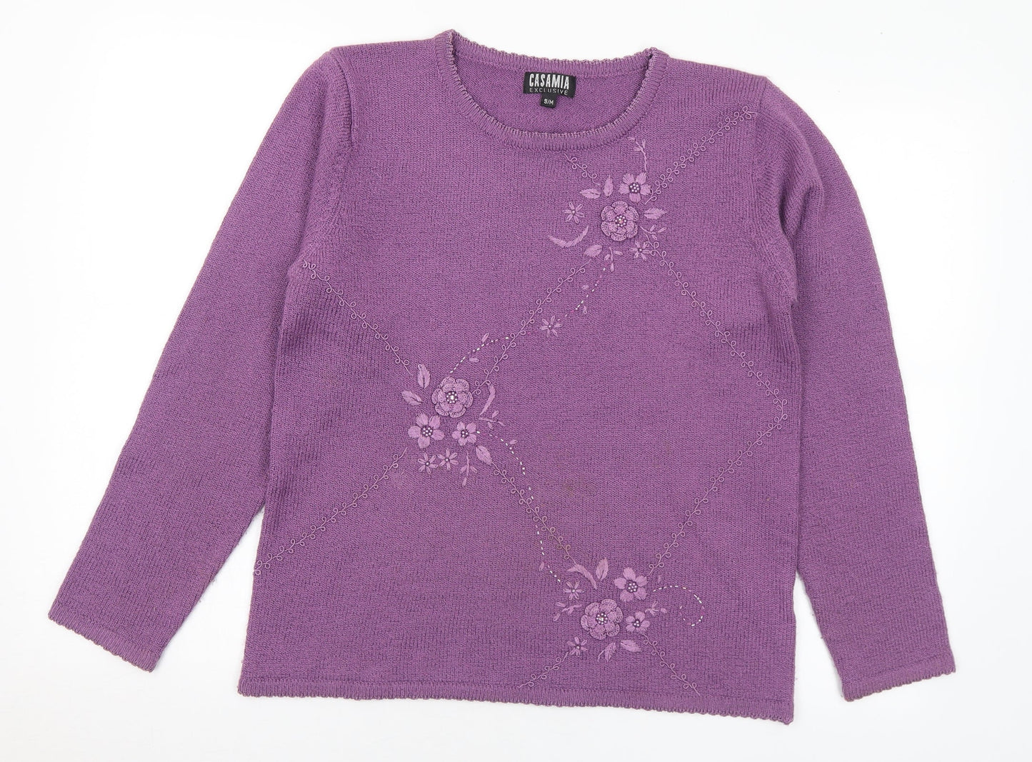 Casamia Womens Purple Round Neck Floral Acrylic Pullover Jumper Size S - S/M