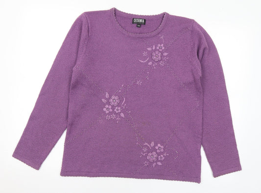 Casamia Womens Purple Round Neck Floral Acrylic Pullover Jumper Size S - S/M