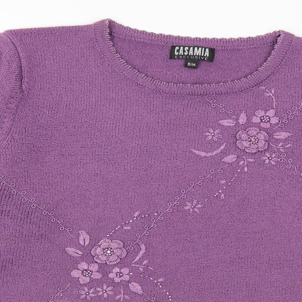 Casamia Womens Purple Round Neck Floral Acrylic Pullover Jumper Size S - S/M