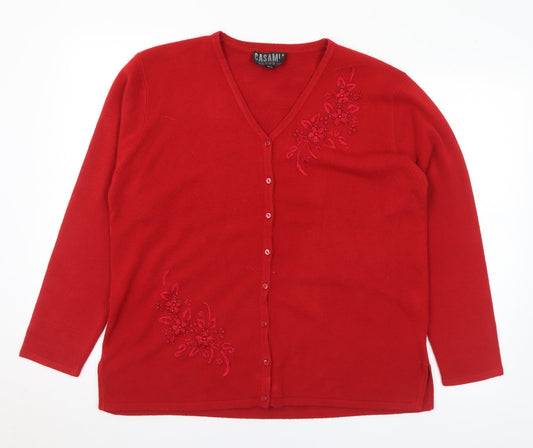 Casamia Womens Red V-Neck Floral Acrylic Cardigan Jumper Size M - M/L
