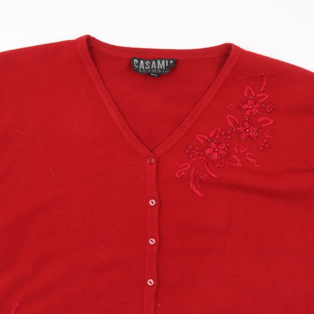 Casamia Womens Red V-Neck Floral Acrylic Cardigan Jumper Size M - M/L