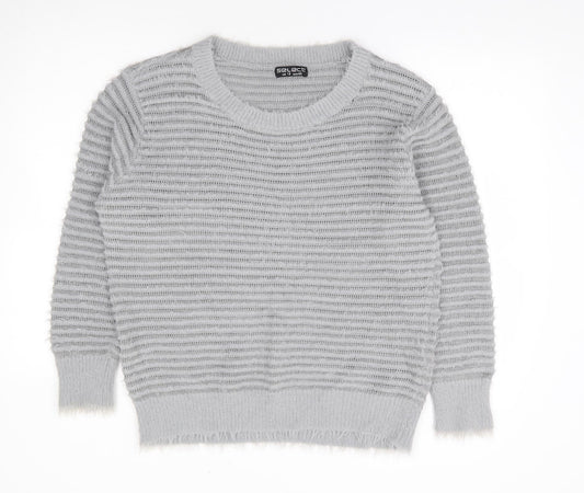 Select Womens Grey Round Neck Striped Nylon Pullover Jumper Size 18