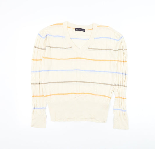 Marks and Spencer Womens Beige V-Neck Striped Viscose Pullover Jumper Size S