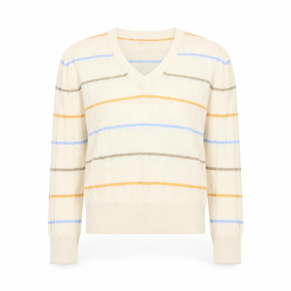 Marks & Spencer Womens Beige V-Neck Striped Viscose Pullover Jumper Size S