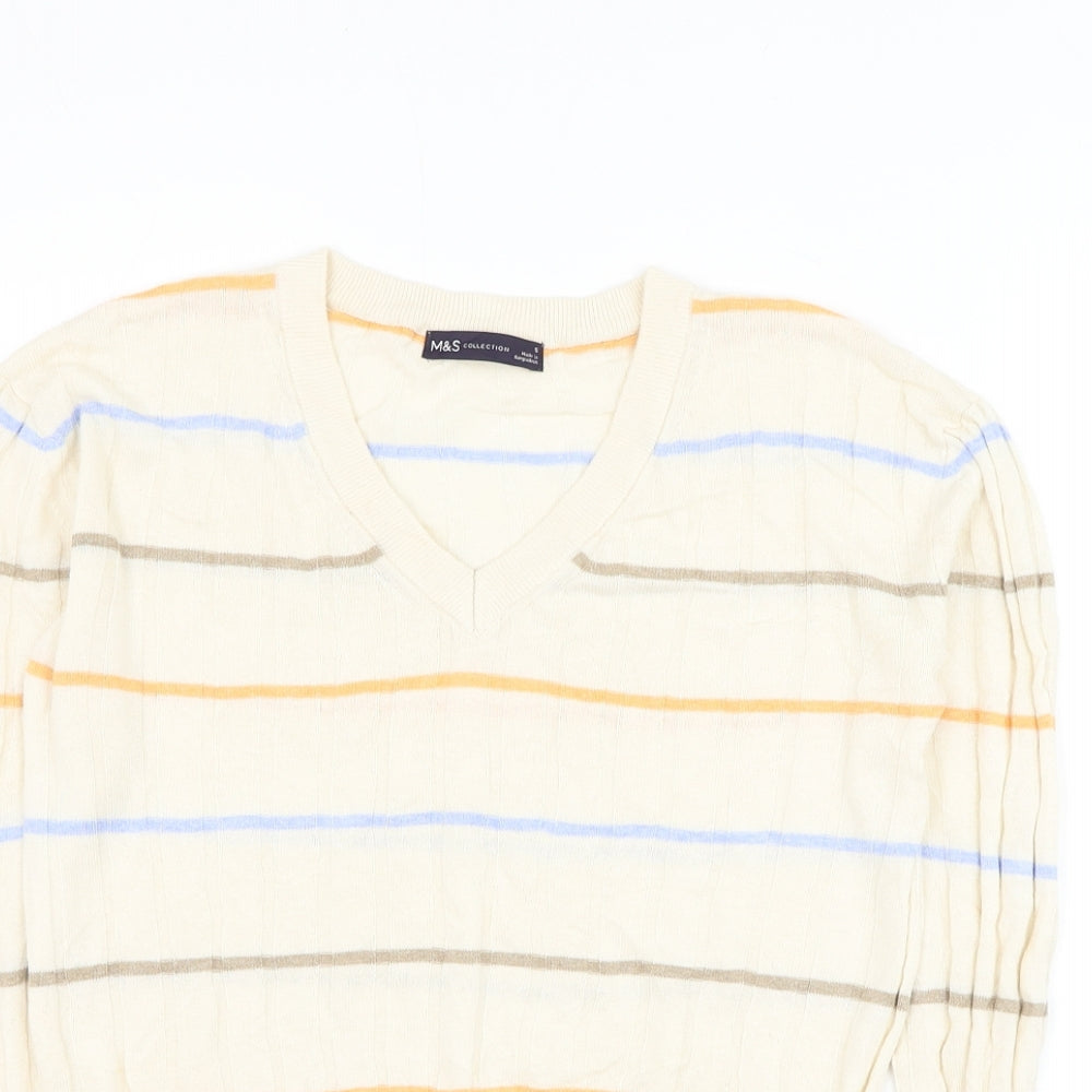 Marks and Spencer Womens Beige V-Neck Striped Viscose Pullover Jumper Size S