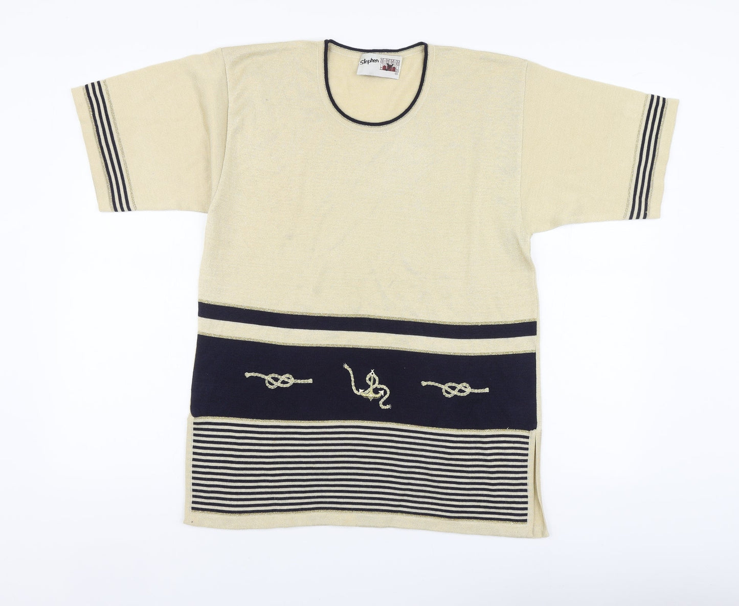 Stephen Womens Beige Striped Viscose Basic T-Shirt Size S Round Neck