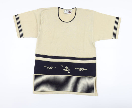 Stephen Womens Beige Striped Viscose Basic T-Shirt Size S Round Neck
