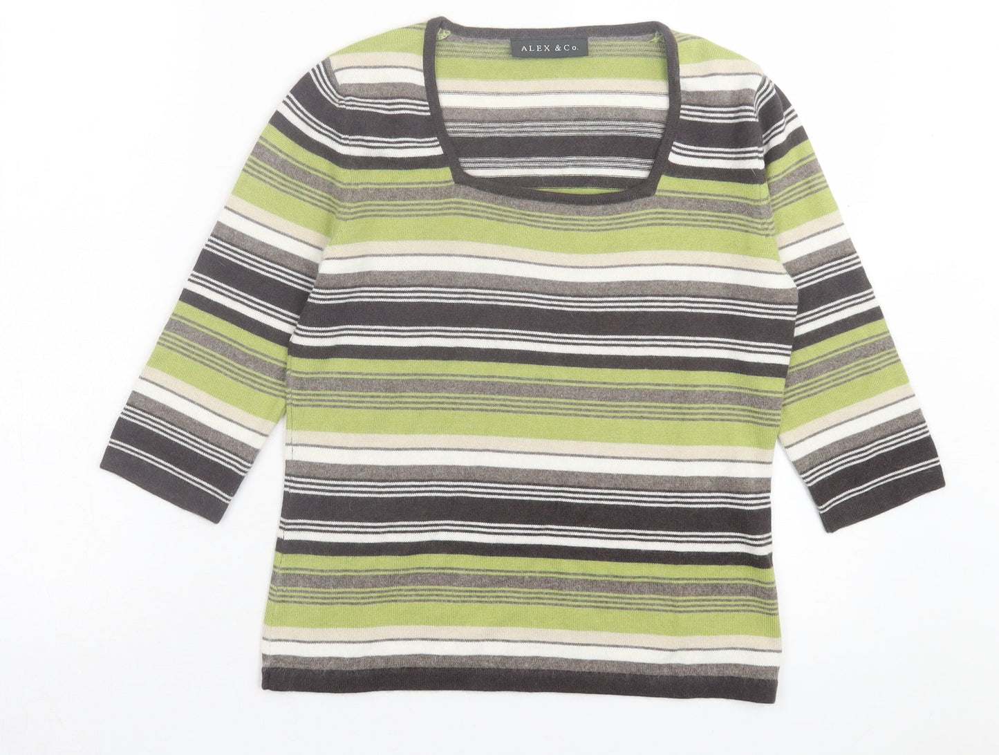 Alex&Co Womens Green Striped Viscose Basic T-Shirt Size 10 Square Neck