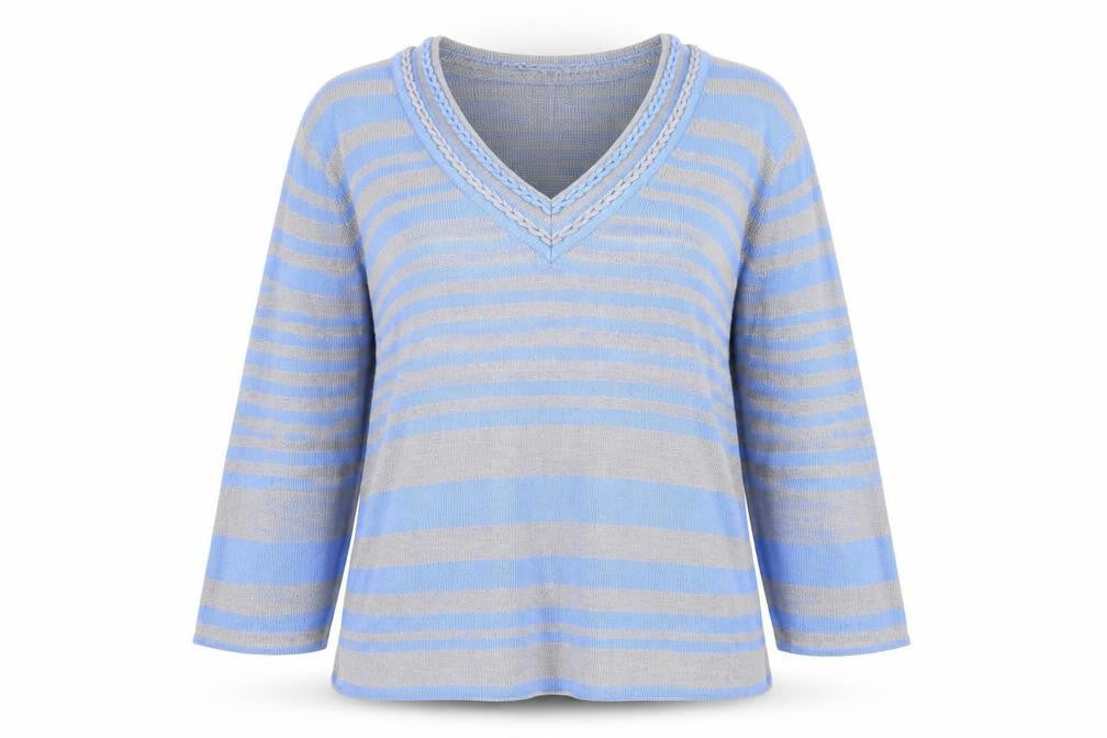 Bonmarché Womens Blue V-Neck Striped Acrylic Pullover Jumper Size L