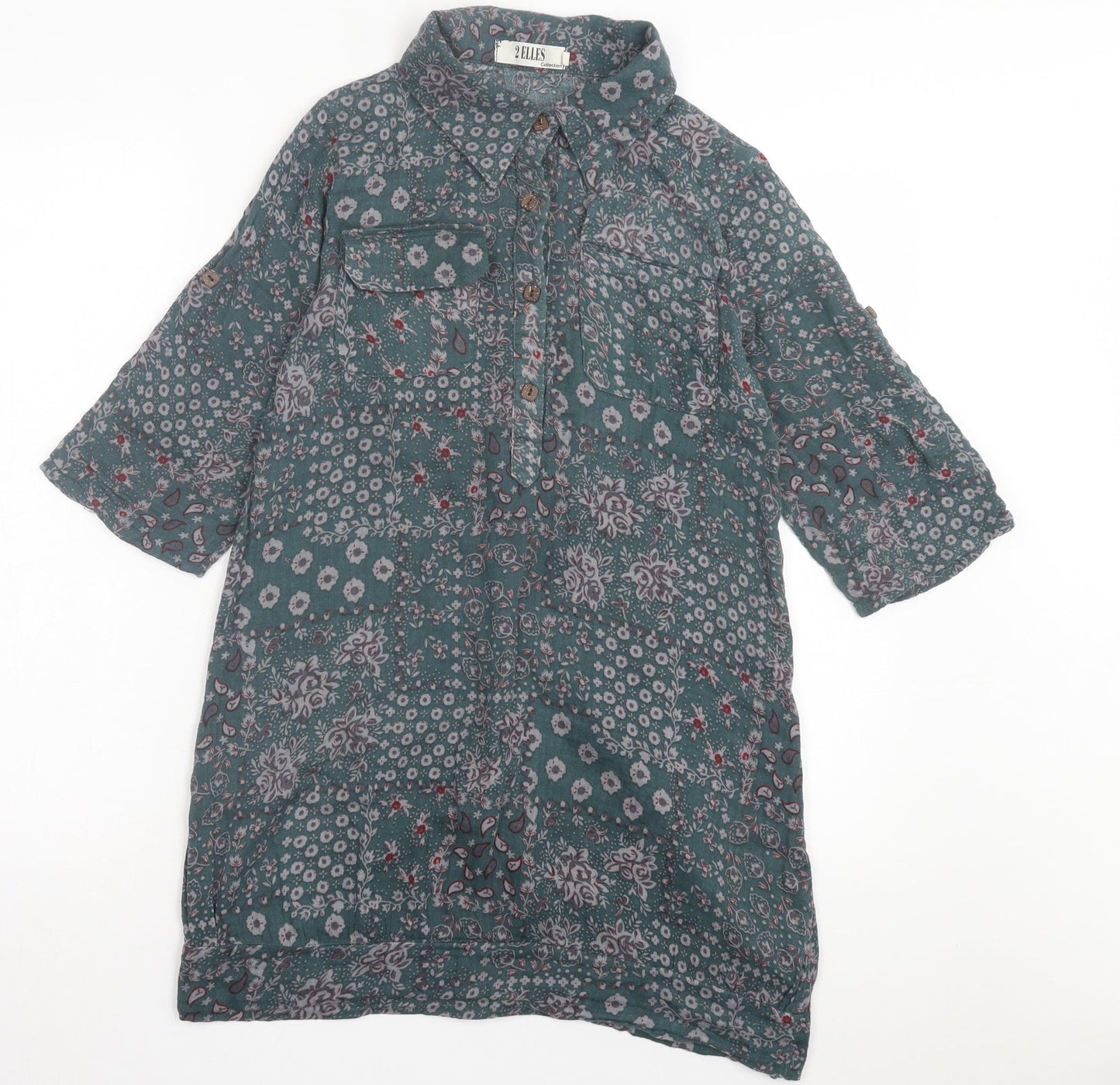 2 Elles Womens Green Floral Polyester A-Line Size M Collared Button