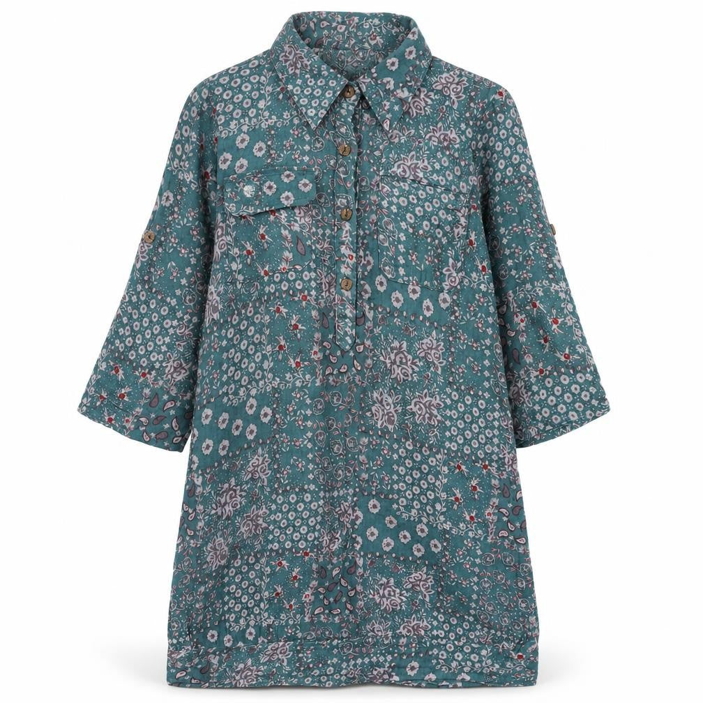 2 Elles Womens Green Floral Polyester A-Line Size M Collared Button