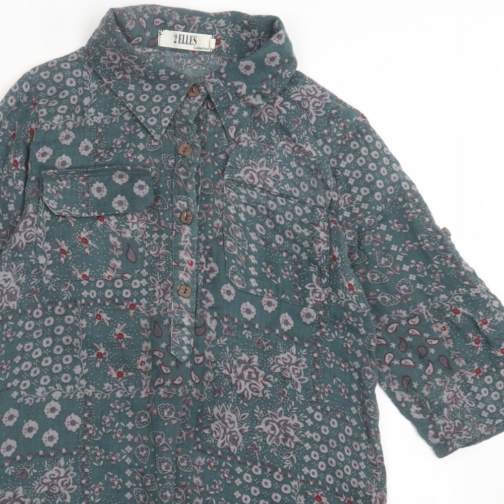 2 Elles Womens Green Floral Polyester A-Line Size M Collared Button