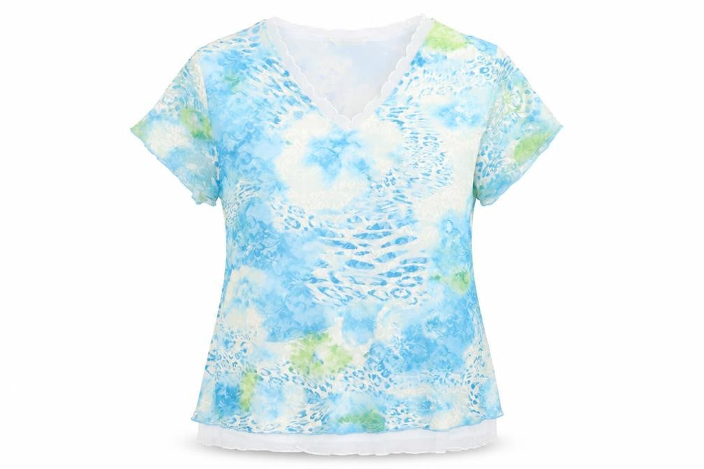 Avalon Womens Blue Geometric Nylon Basic T-Shirt Size 14 V-Neck