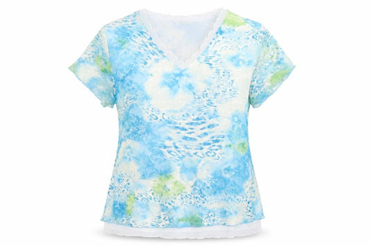 Avalon Womens Blue Geometric Nylon Basic T-Shirt Size 14 V-Neck