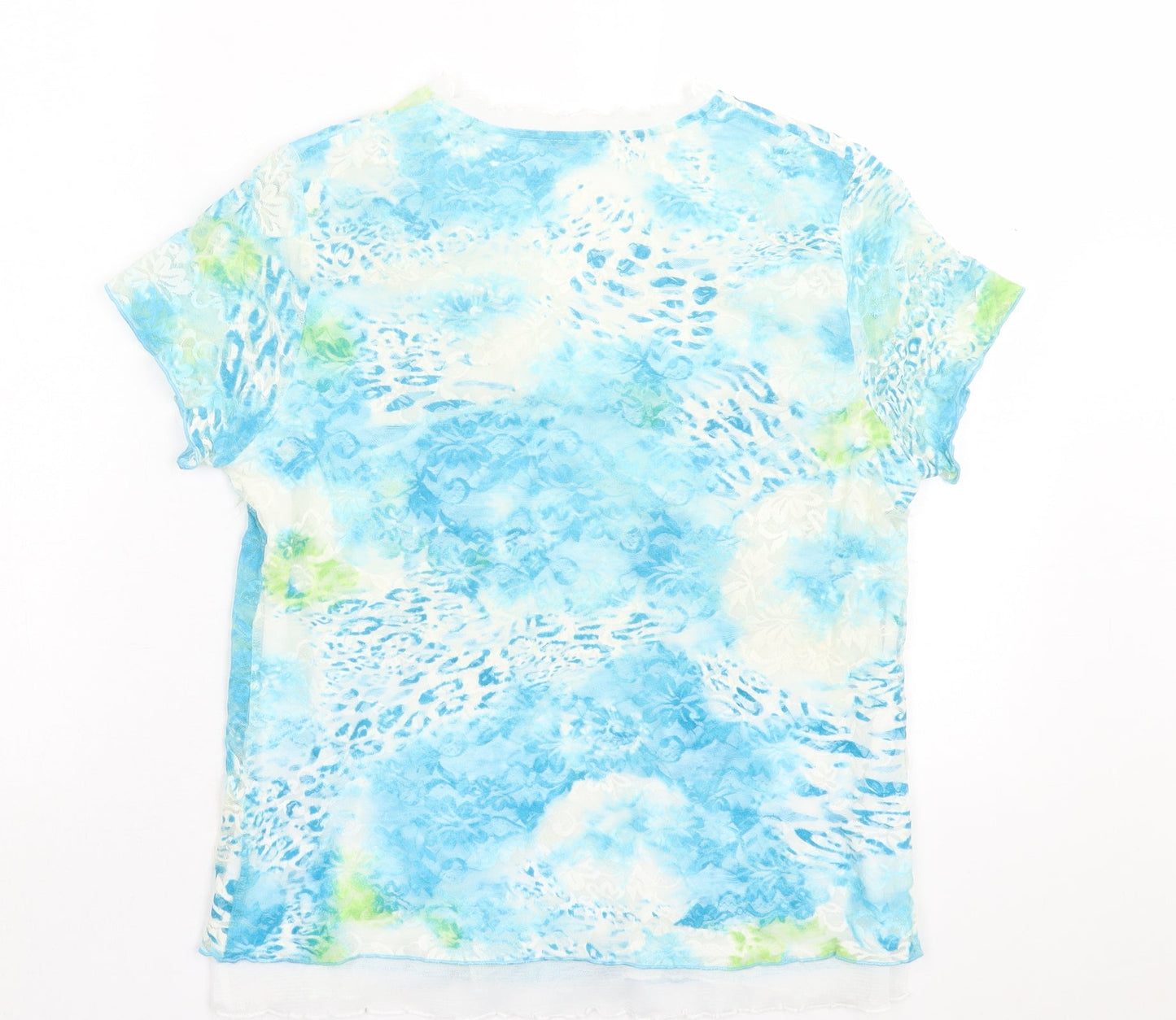 Avalon Womens Blue Geometric Nylon Basic T-Shirt Size 14 V-Neck