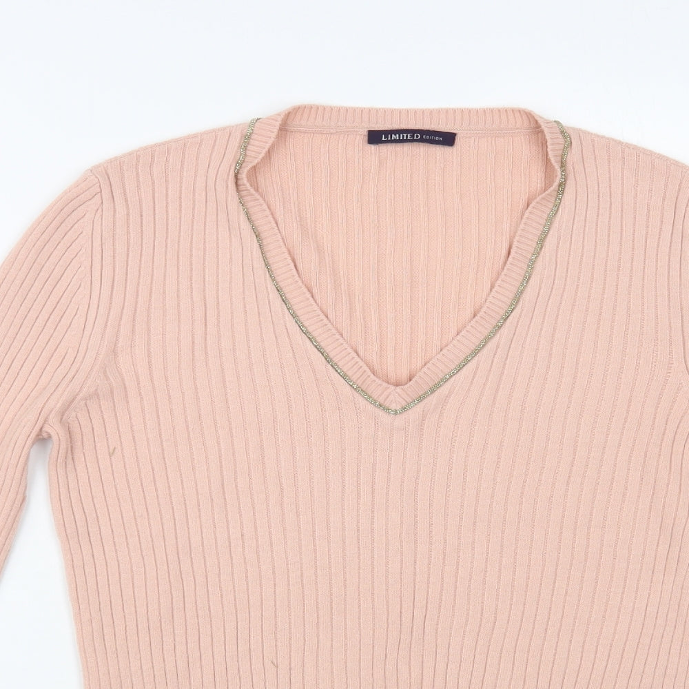 Marks and Spencer Womens Pink V-Neck Acrylic Pullover Jumper Size 12
