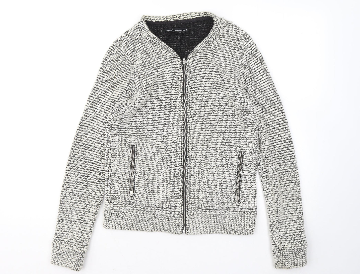 NEXT Womens White V-Neck Geometric Polyester Full Zip Jumper Size 8