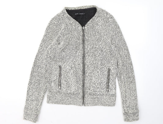 NEXT Womens White V-Neck Geometric Polyester Full Zip Jumper Size 8