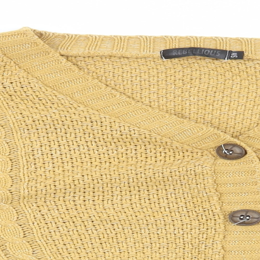Rebellious Womens Yellow V-Neck Acrylic Cardigan Jumper Size S