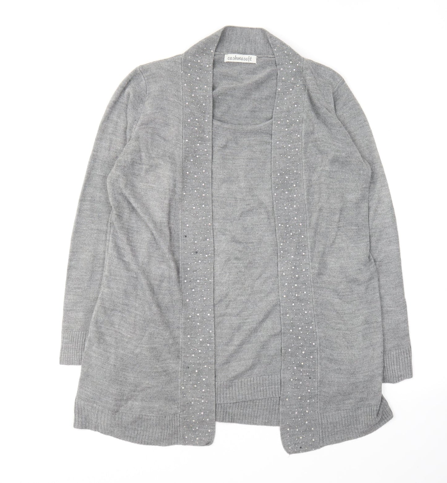 Cashmasoft Womens Grey Round Neck Acrylic Cardigan Jumper Size L
