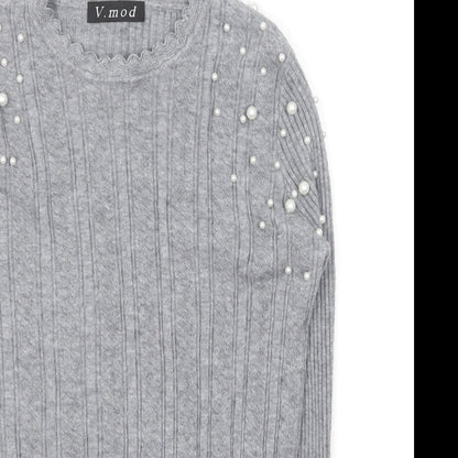 V. Mod Womens Grey Round Neck Cotton Pullover Jumper Size 10