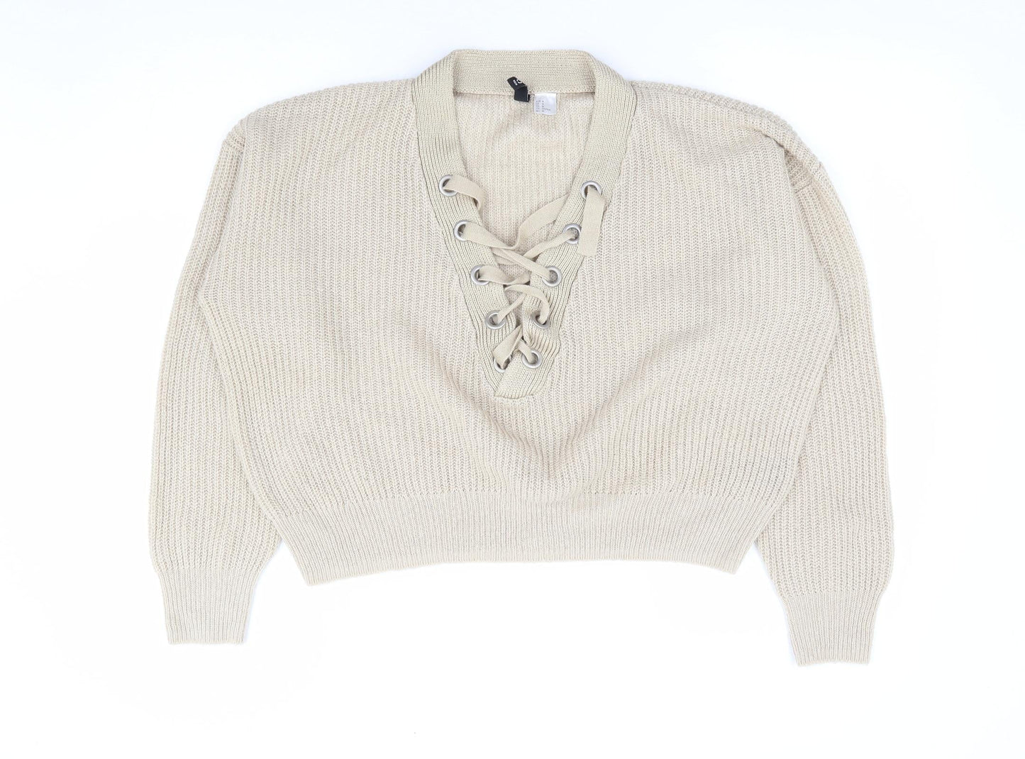 H&M Womens Beige V-Neck Acrylic Pullover Jumper Size M