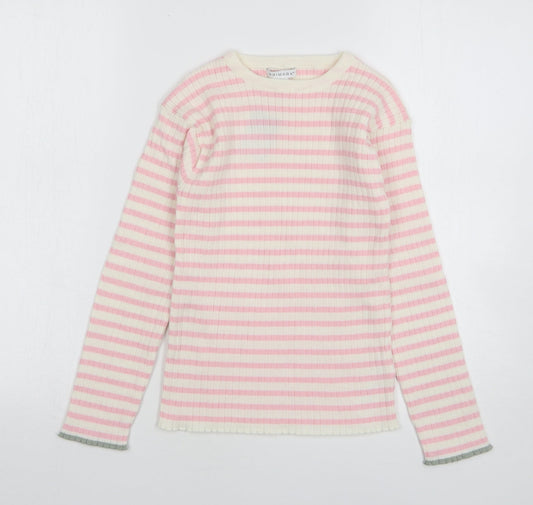 Primark Girls Pink Round Neck Striped Polyester Pullover Jumper Size 10-11 Years