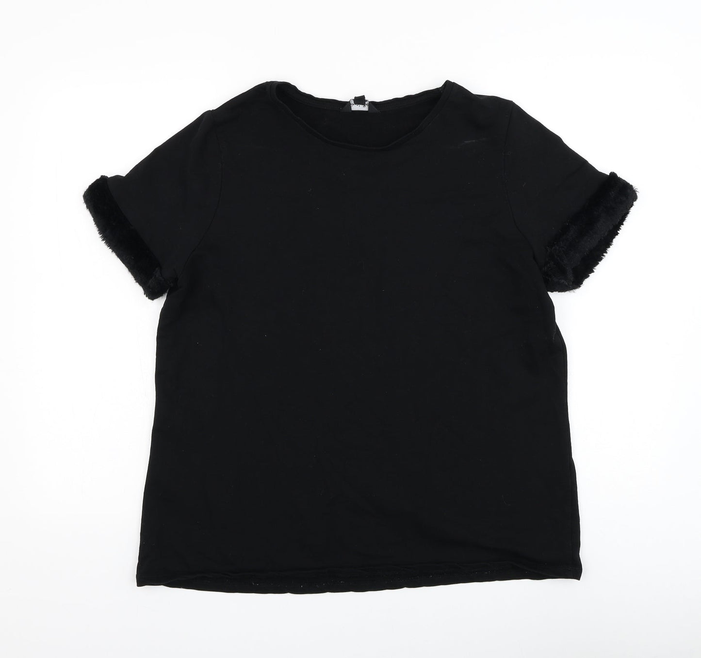 Simply Be Womens Black Cotton Basic T-Shirt Size 16 Round Neck - Fur trim sleeves
