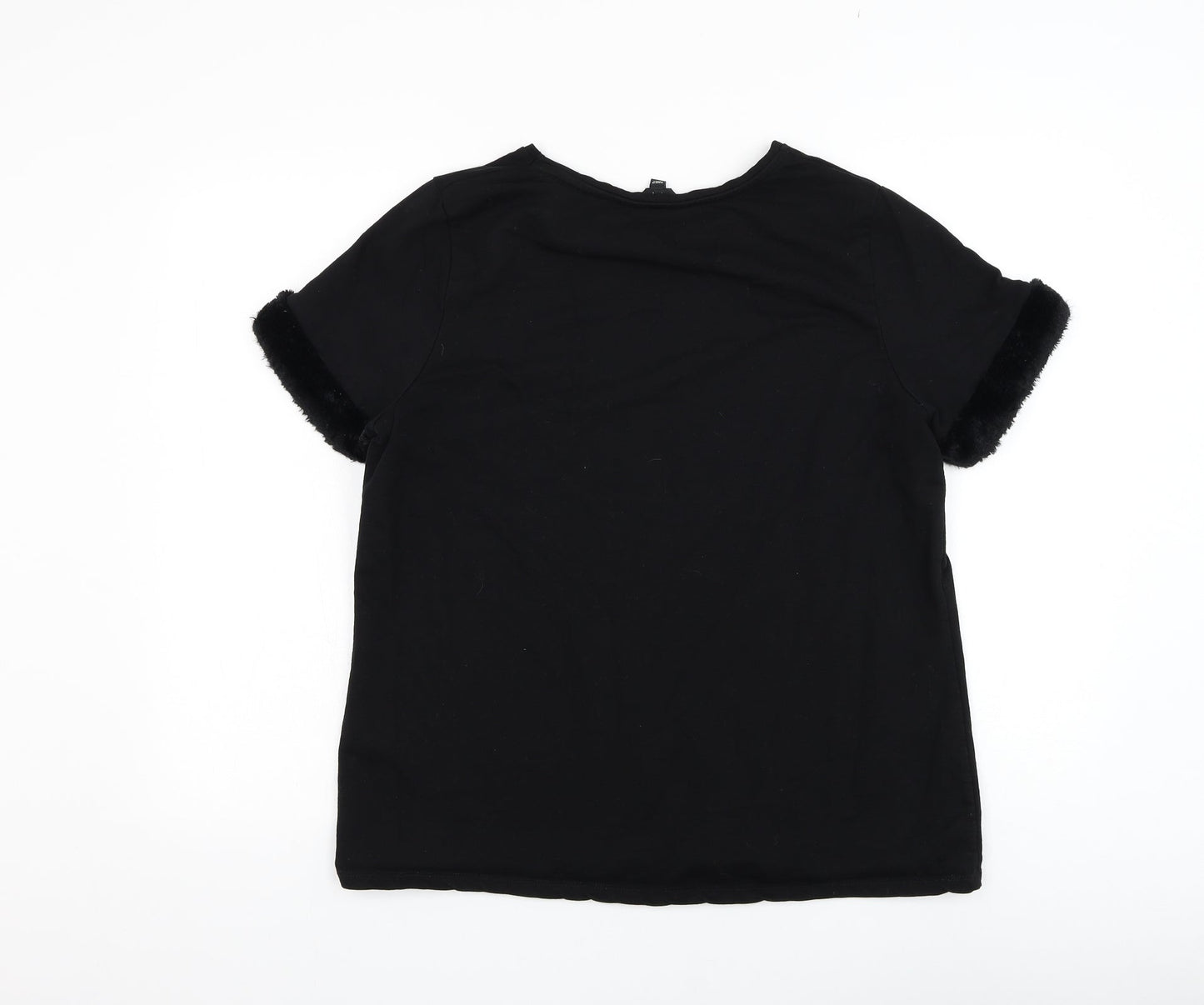 Simply Be Womens Black Cotton Basic T-Shirt Size 16 Round Neck - Fur trim sleeves