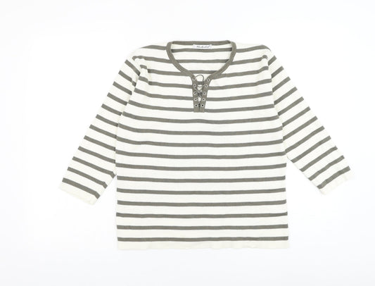 Berkertex Womens White Round Neck Striped Cotton Pullover Jumper Size 10