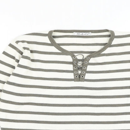 Berkertex Womens White Round Neck Striped Cotton Pullover Jumper Size 10