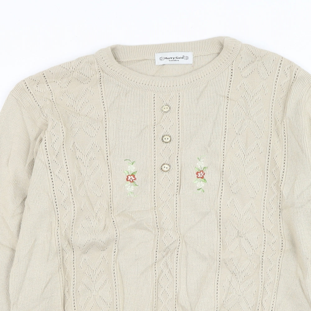 Merry Gold Womens Beige Round Neck Acrylic Pullover Jumper Size M - Flower