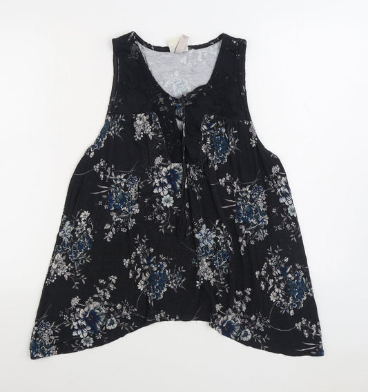 Konk Rose Womens Black Floral Cotton Basic Blouse Size L Scoop Neck
