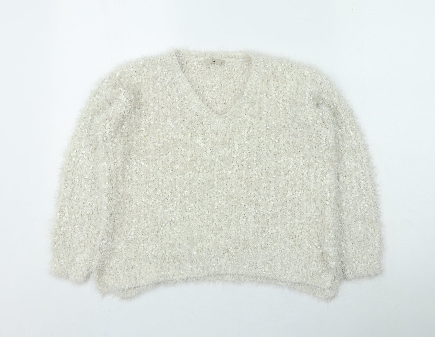 TU Womens Ivory V-Neck Polyester Pullover Jumper Size 12