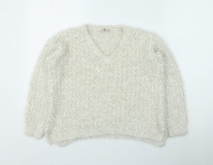 Tu Womens Ivory V-Neck Polyester Pullover Jumper Size 12