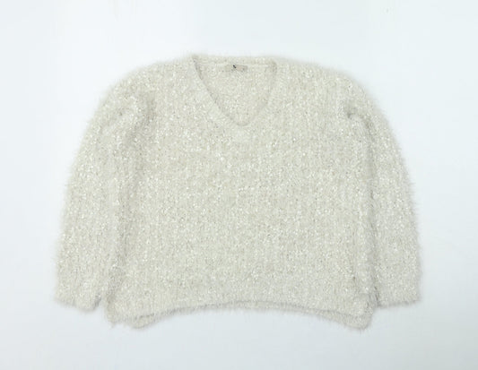 TU Womens Ivory V-Neck Polyester Pullover Jumper Size 12