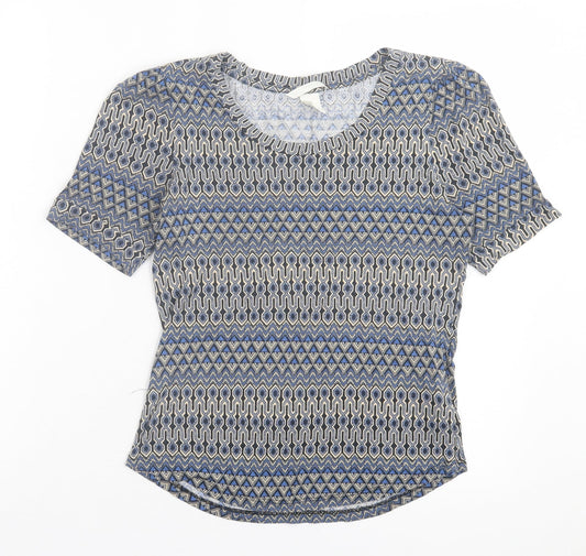 h7m Womens Blue Geometric Viscose Basic T-Shirt Size S Crew Neck