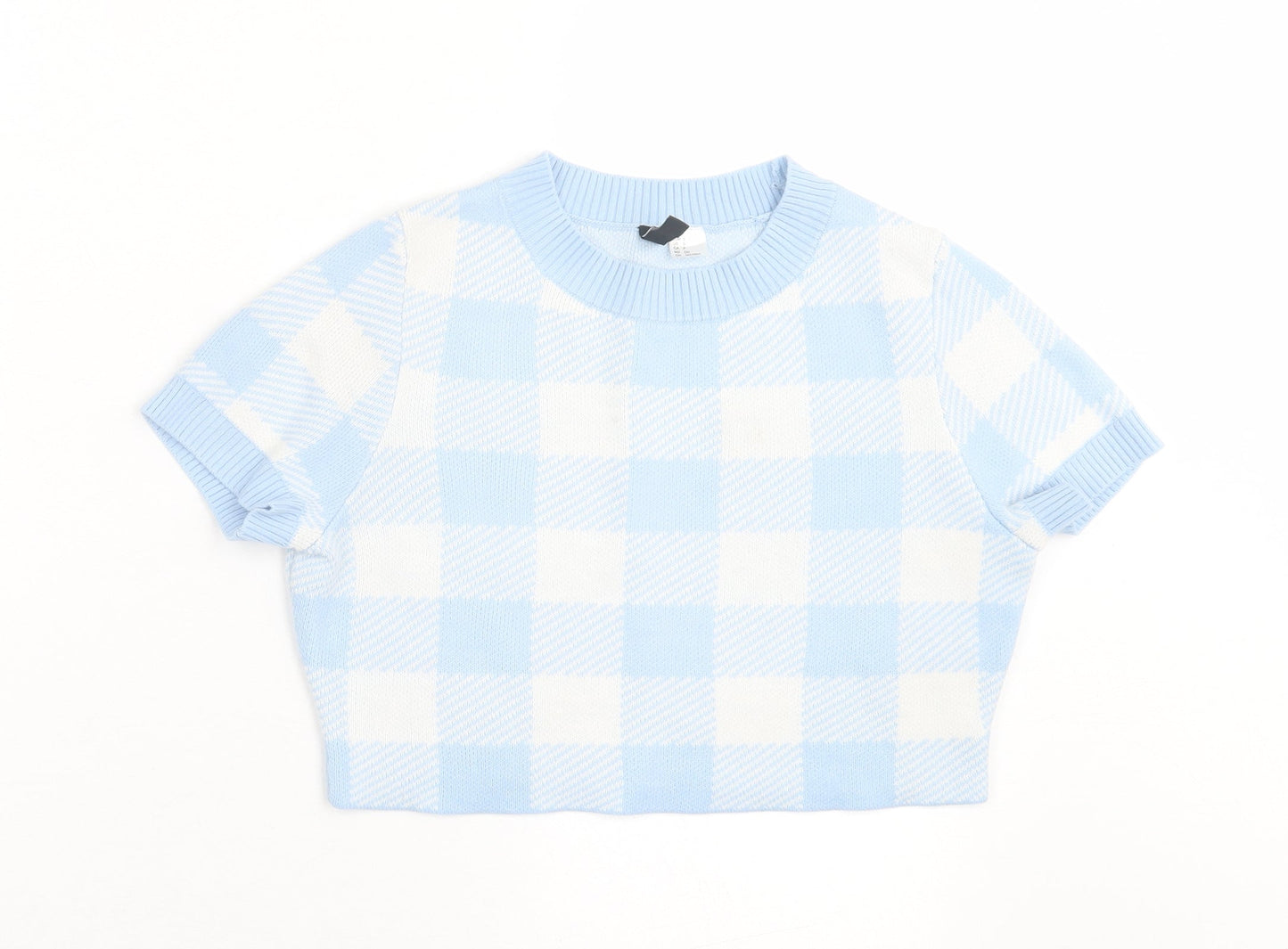 H&M Womens Blue Argyle/Diamond Acrylic Cropped T-Shirt Size S Crew Neck
